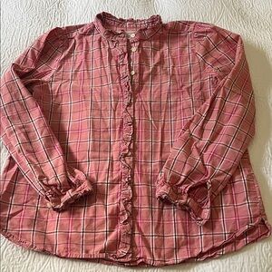Loft Plaid Button-down Shirt with Ruffle Trim Detail, Size Medium